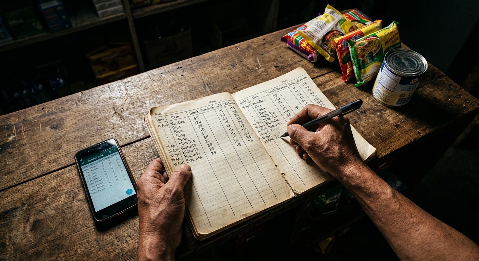 A distributor's handwritten notebook of shops and balances