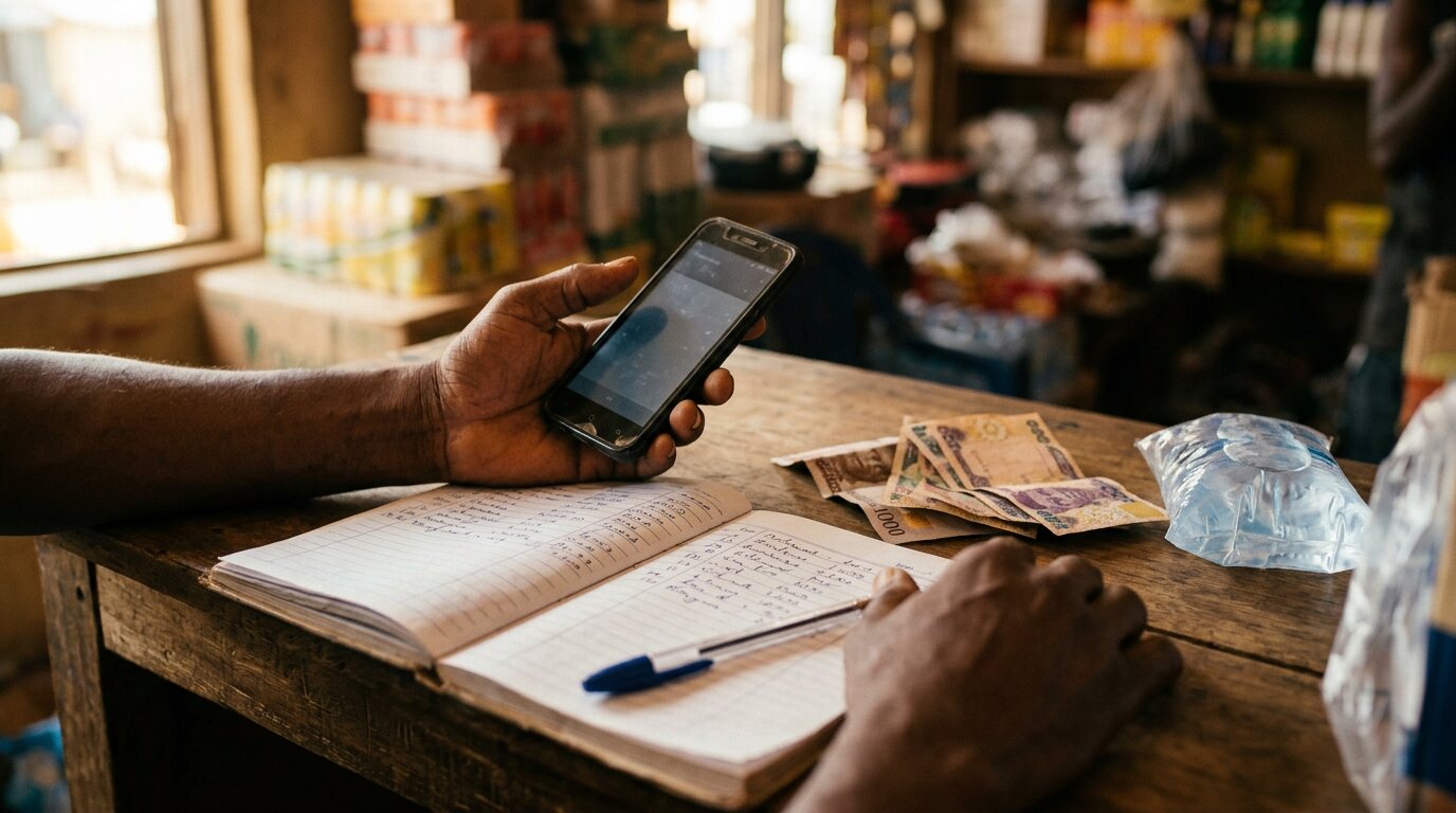 Hands with a phone, a ledger and naira notes on a shop counter
