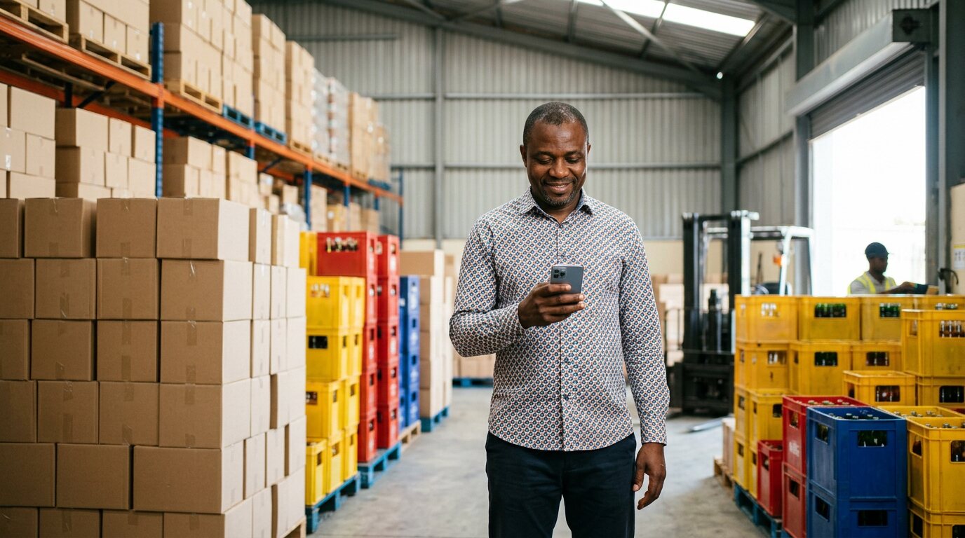 A distributor owner checking his phone in a bright warehouse