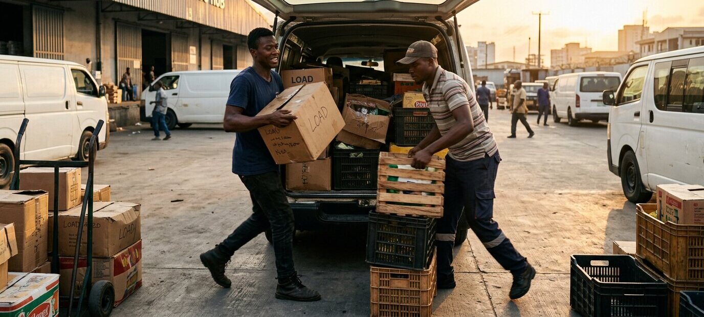 Sales reps loading a delivery van at dawn