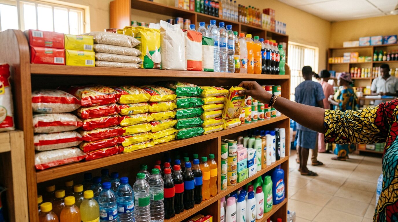 A hand straightening products on a colourful store shelf