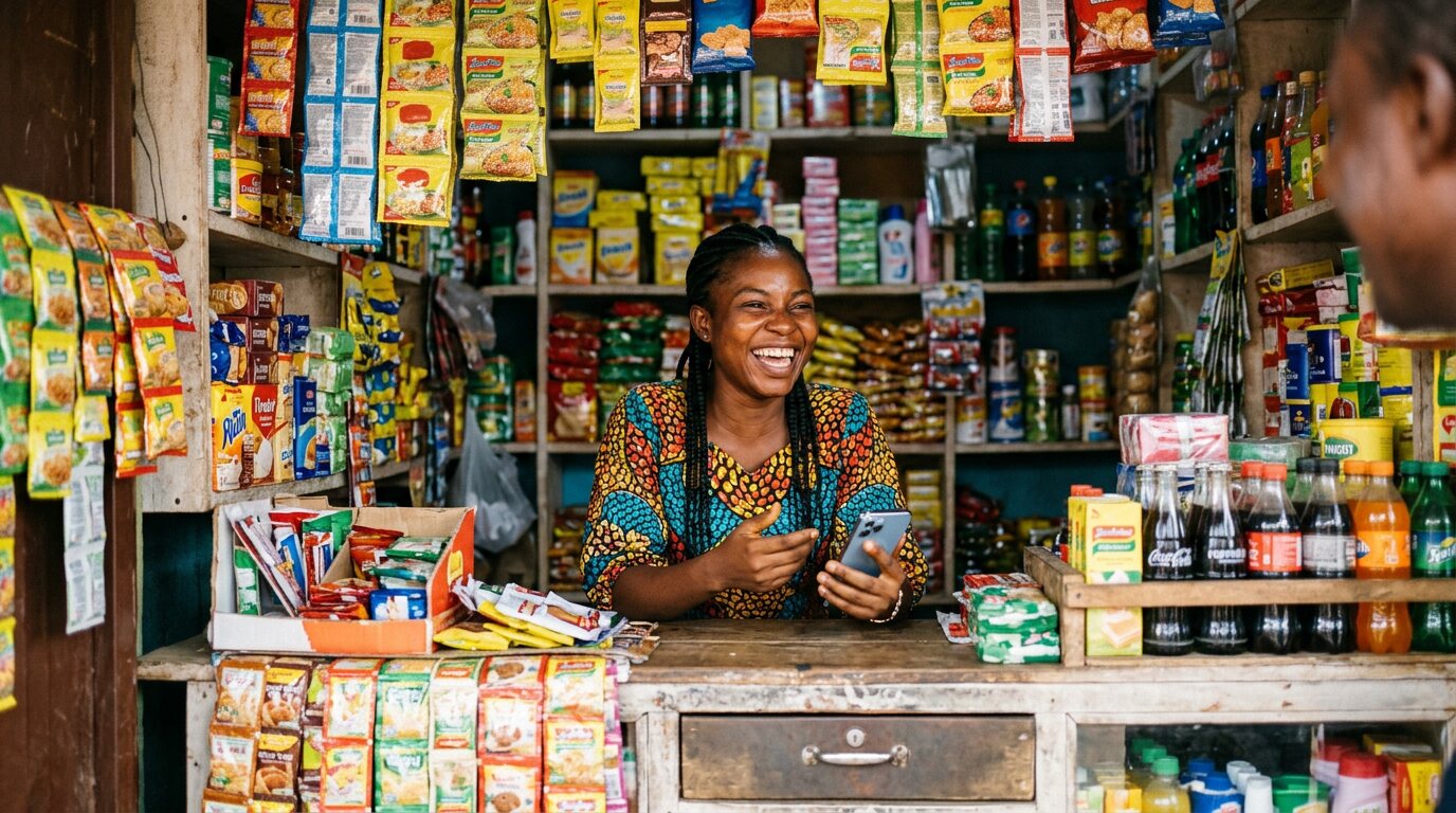 A smiling shop owner at her kiosk counter with her phone
